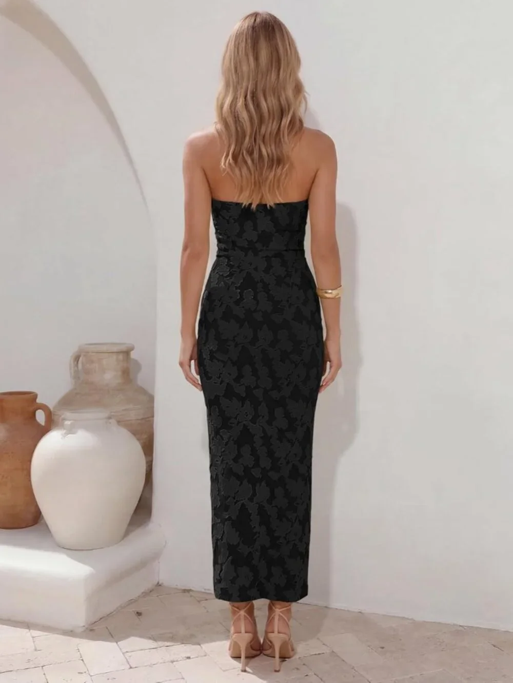 Women's Black Floral Strapless Side Slit Mesh Formal Bodycon Maxi Dress - Picture 6 of 6